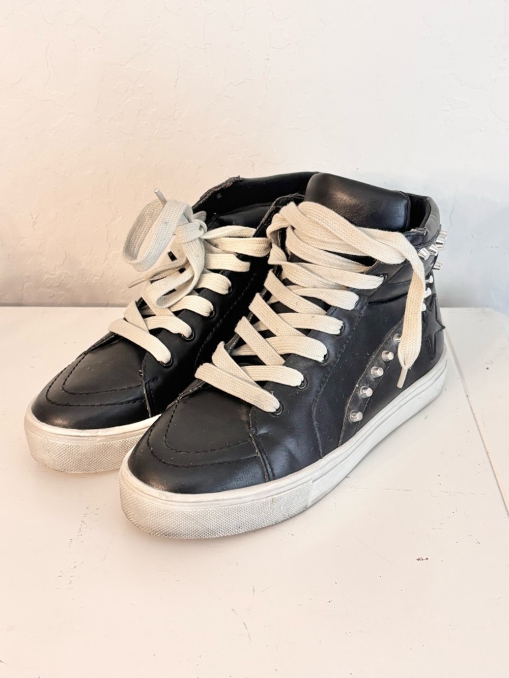 CCOCCI Studded High Top Sneakers in Black Vegan Leather Star Embossing, Sz 7